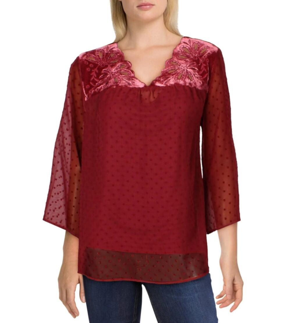 Style & Co Burgundy Floral Swiss Dot Velvet Mixed Media V-Neck Top Cami XS NWT
